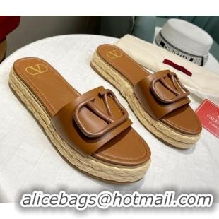 Grade Quality Valentino VLogo Calfskin Flat Slide Sandals Brown 072079