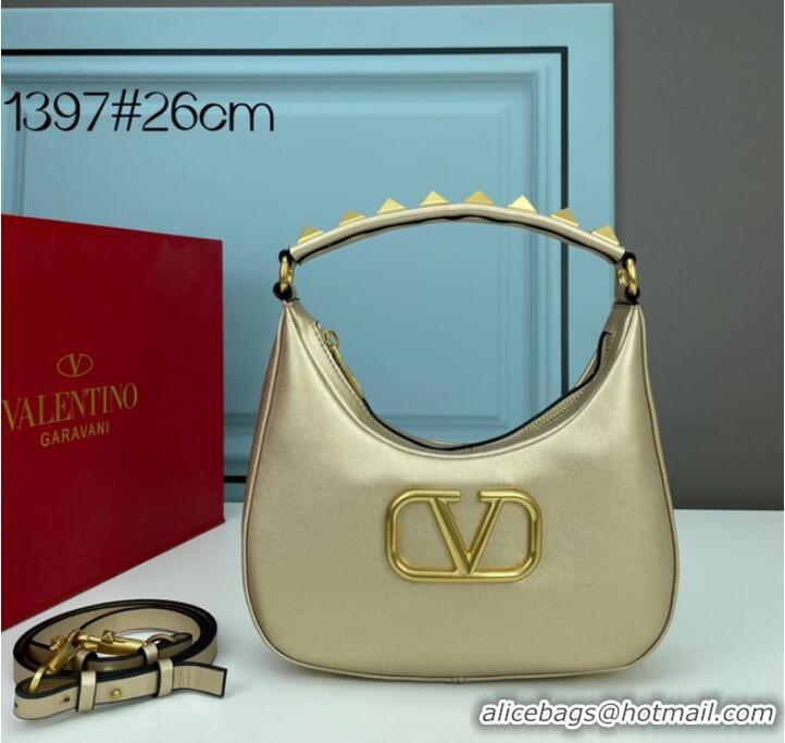 Good Product VALENTINO GARAVANI STUD SIGN Calf Leather Hobo bag 1W2B0K69 gold