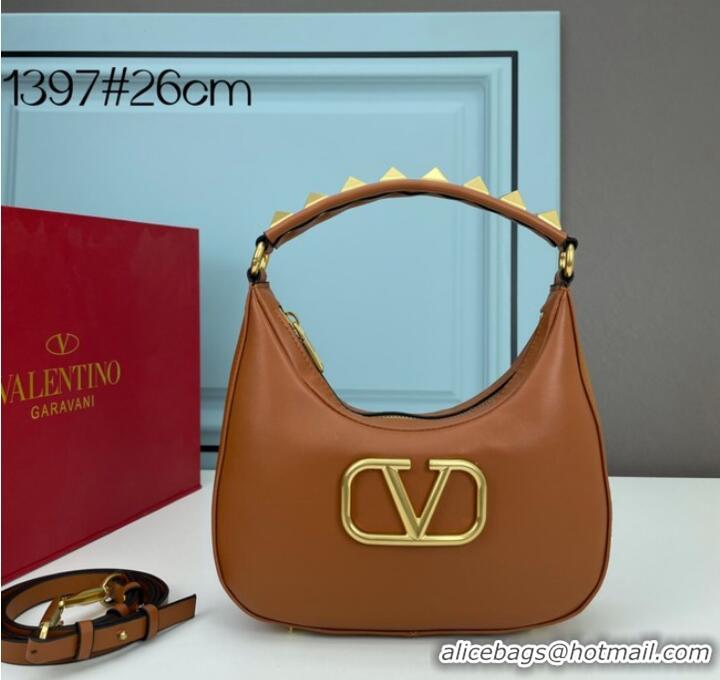 Well Crafted VALENTINO GARAVANI STUD SIGN Calf Leather Hobo bag 1W2B0K69 Caramel