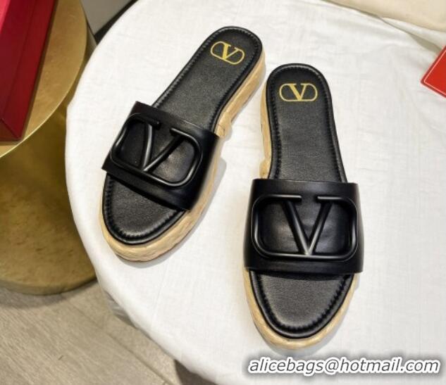 Perfect Valentino VLogo Calfskin Flat Slide Sandals Black 072080