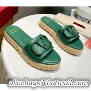 Best Grade Valentino VLogo Calfskin Flat Slide Sandals Green 072081