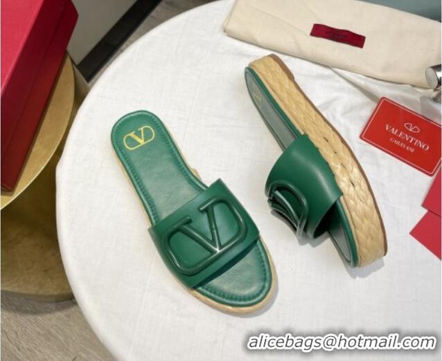 Best Grade Valentino VLogo Calfskin Flat Slide Sandals Green 072081