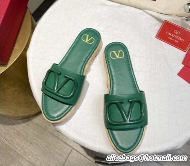 Best Grade Valentino VLogo Calfskin Flat Slide Sandals Green 072081