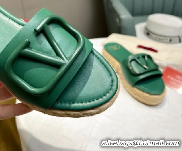 Best Grade Valentino VLogo Calfskin Flat Slide Sandals Green 072081