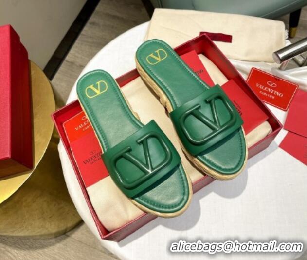 Best Grade Valentino VLogo Calfskin Flat Slide Sandals Green 072081