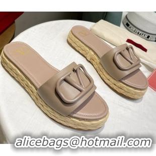 Good Product Valentino VLogo Calfskin Flat Slide Sandals Dusty Pink/Khaki 072082