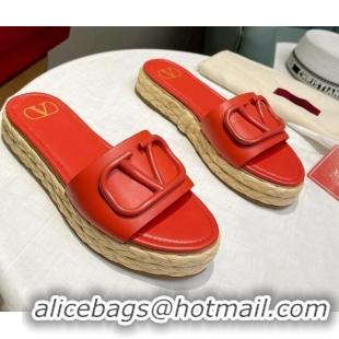 Good Quality Valentino VLogo Calfskin Flat Slide Sandals Red 072083