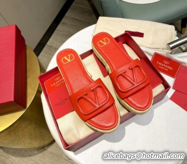 Good Quality Valentino VLogo Calfskin Flat Slide Sandals Red 072083