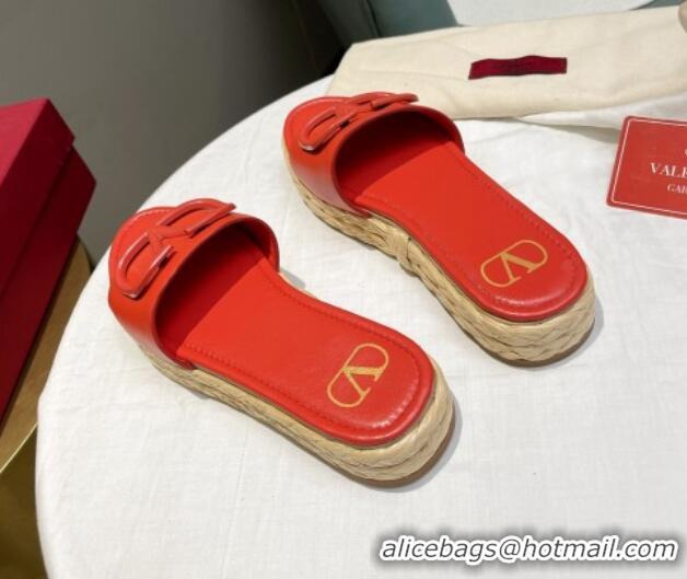 Good Quality Valentino VLogo Calfskin Flat Slide Sandals Red 072083