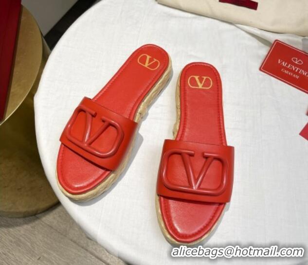 Good Quality Valentino VLogo Calfskin Flat Slide Sandals Red 072083