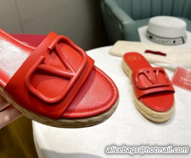 Good Quality Valentino VLogo Calfskin Flat Slide Sandals Red 072083