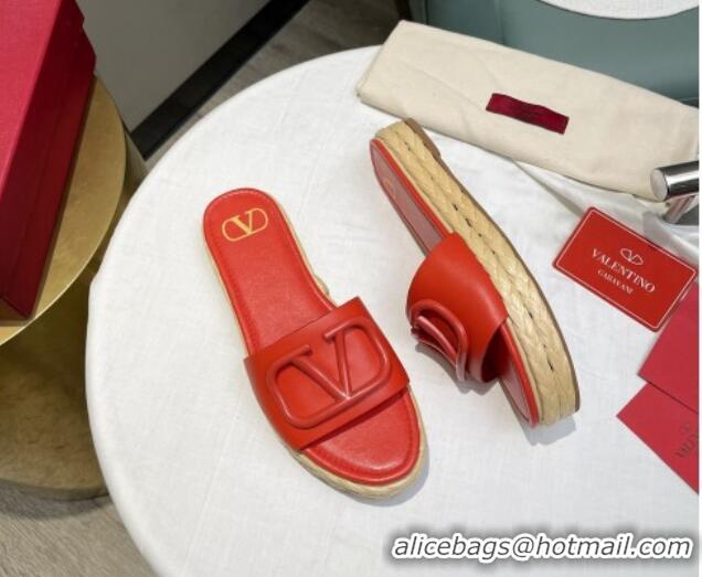 Good Quality Valentino VLogo Calfskin Flat Slide Sandals Red 072083