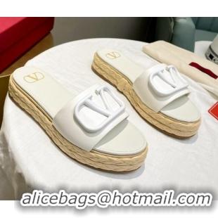 Unique Style Valentino VLogo Calfskin Flat Slide Sandals White 072085