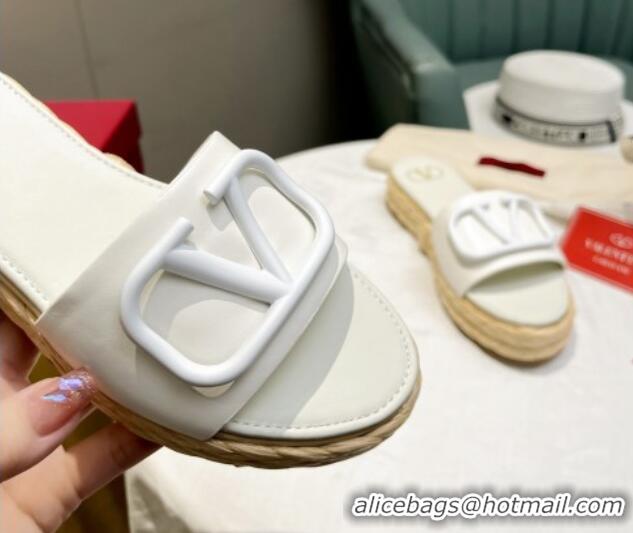 Unique Style Valentino VLogo Calfskin Flat Slide Sandals White 072085