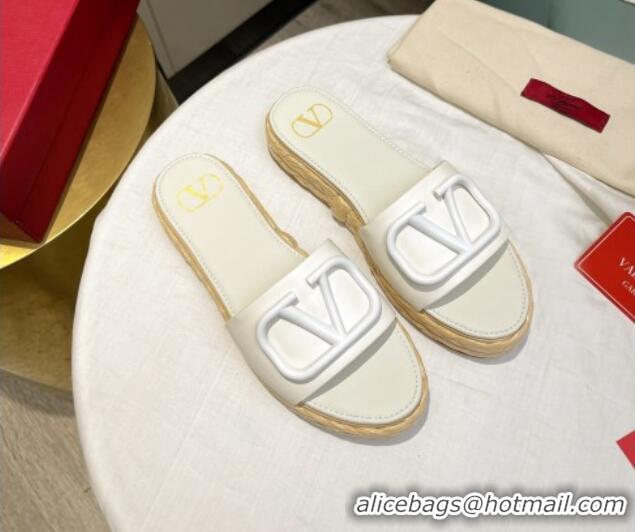 Unique Style Valentino VLogo Calfskin Flat Slide Sandals White 072085