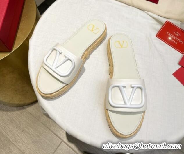 Unique Style Valentino VLogo Calfskin Flat Slide Sandals White 072085