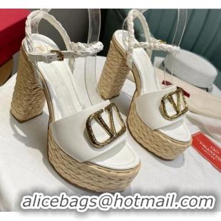 Top Design Valentino VLogo Calfskin High Heel Platform Sandals 11.5cm White/Gold 072094