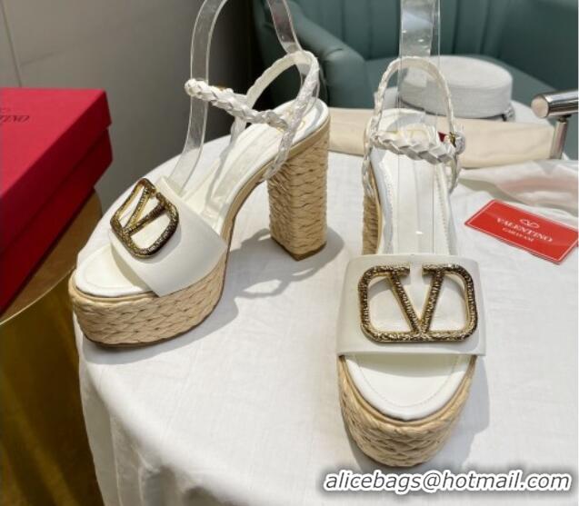 Top Design Valentino VLogo Calfskin High Heel Platform Sandals 11.5cm White/Gold 072094