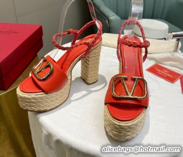 Stylish Valentino VLogo Calfskin High Heel Platform Sandals 11.5cm Red/Gold 072095