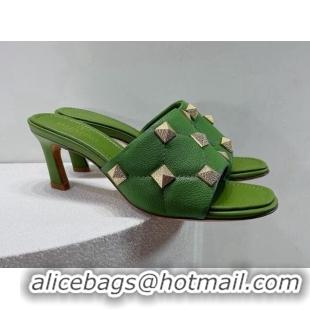 Sophisticated Valentino Roman Stud Grained Calfskin Medium Heel Slide Sandals Green 072222