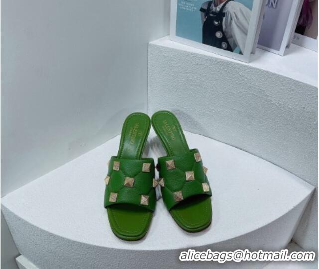 Sophisticated Valentino Roman Stud Grained Calfskin Medium Heel Slide Sandals Green 072222