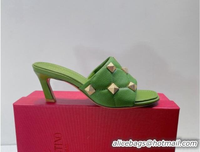 Sophisticated Valentino Roman Stud Grained Calfskin Medium Heel Slide Sandals Green 072222