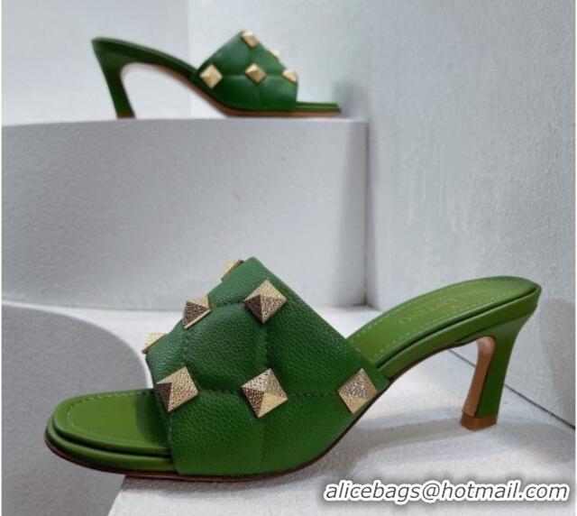 Sophisticated Valentino Roman Stud Grained Calfskin Medium Heel Slide Sandals Green 072222