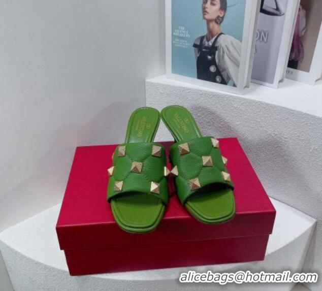 Sophisticated Valentino Roman Stud Grained Calfskin Medium Heel Slide Sandals Green 072222