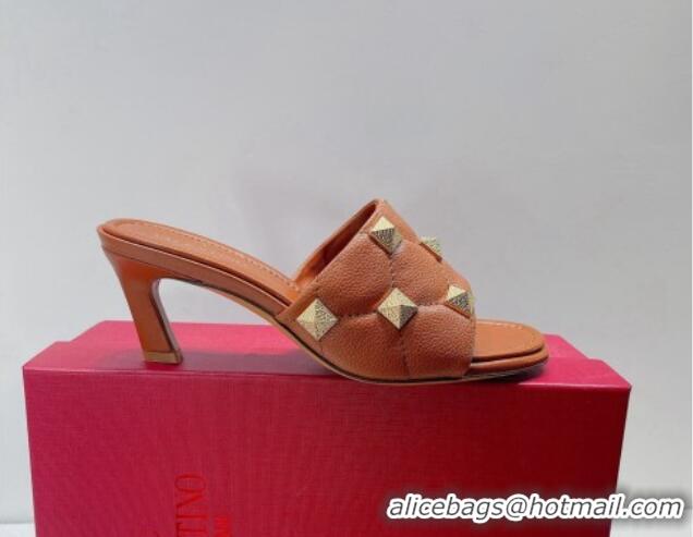 Discount Valentino Roman Stud Grained Calfskin Medium Heel Slide Sandals Brown 072223