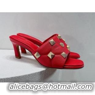 Charming Valentino Roman Stud Grained Calfskin Medium Heel Slide Sandals Red 072225