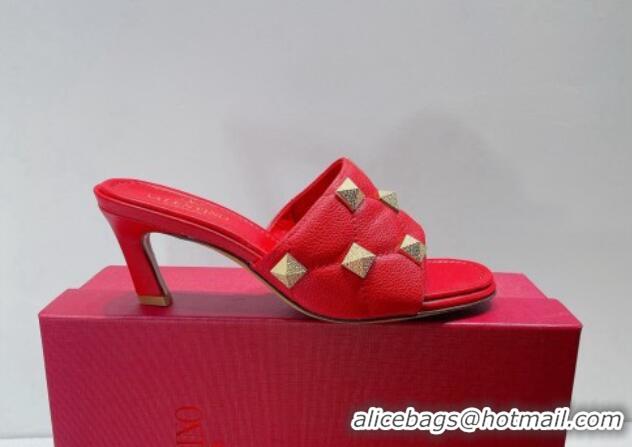 Charming Valentino Roman Stud Grained Calfskin Medium Heel Slide Sandals Red 072225