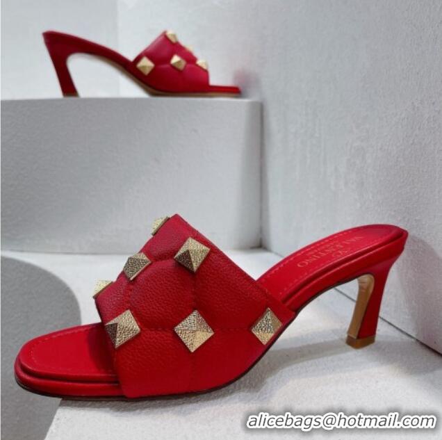 Charming Valentino Roman Stud Grained Calfskin Medium Heel Slide Sandals Red 072225