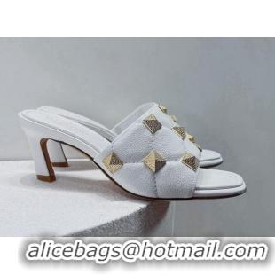 Popular Style Valentino Roman Stud Grained Calfskin Medium Heel Slide Sandals White 072226