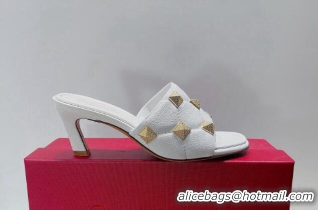 Popular Style Valentino Roman Stud Grained Calfskin Medium Heel Slide Sandals White 072226