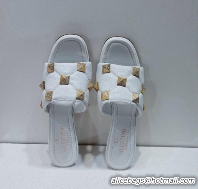 Popular Style Valentino Roman Stud Grained Calfskin Medium Heel Slide Sandals White 072226