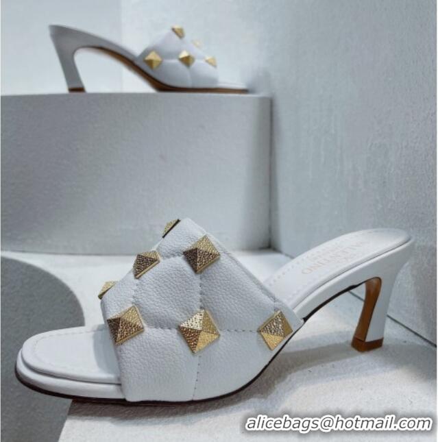 Popular Style Valentino Roman Stud Grained Calfskin Medium Heel Slide Sandals White 072226