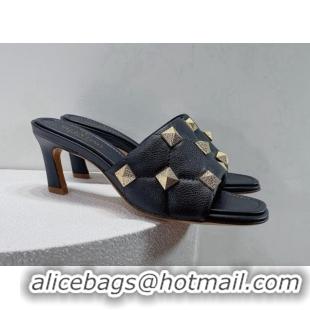 Good Looking Valentino Roman Stud Grained Calfskin Medium Heel Slide Sandals Black 072227