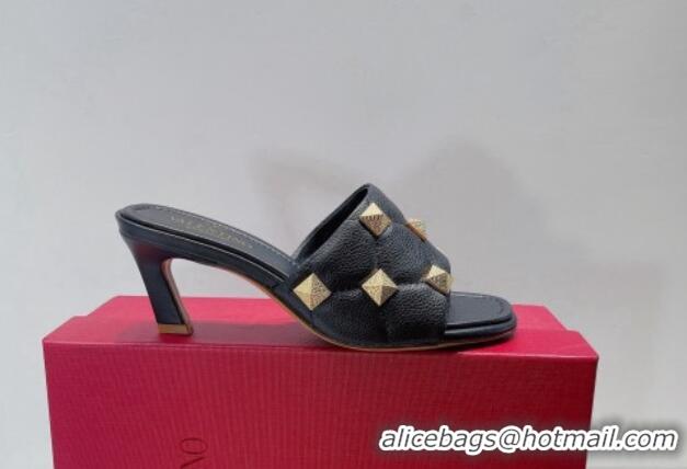 Good Looking Valentino Roman Stud Grained Calfskin Medium Heel Slide Sandals Black 072227