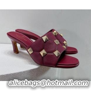 Grade Quality Valentino Roman Stud Grained Calfskin Medium Heel Slide Sandals Burgundy 072228