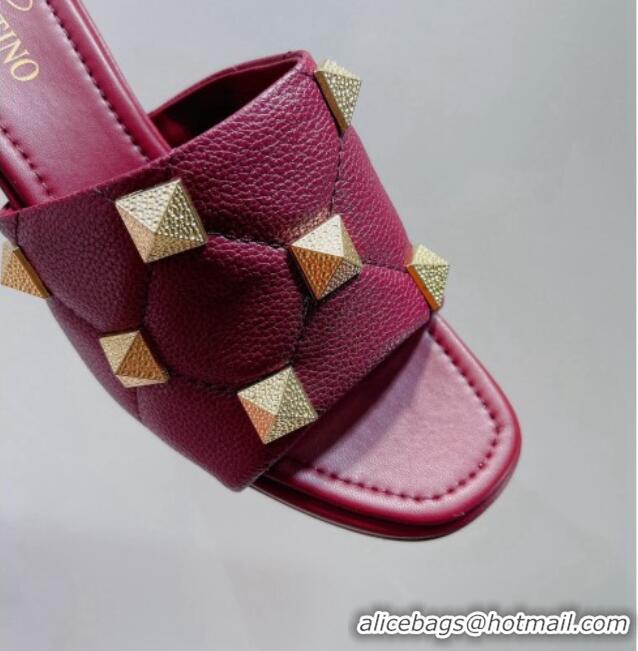 Grade Quality Valentino Roman Stud Grained Calfskin Medium Heel Slide Sandals Burgundy 072228