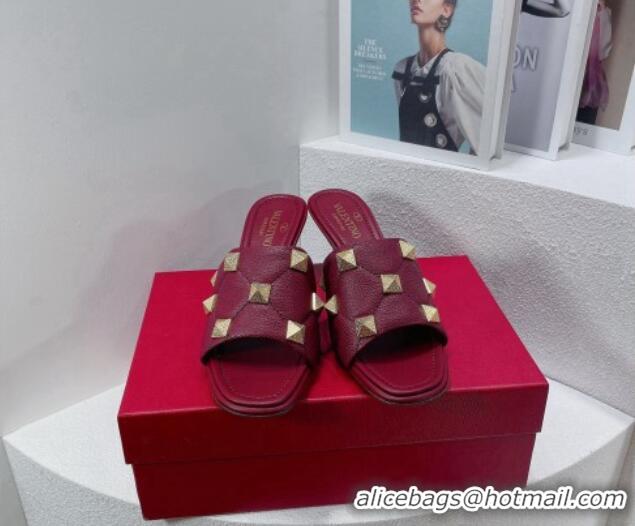 Grade Quality Valentino Roman Stud Grained Calfskin Medium Heel Slide Sandals Burgundy 072228