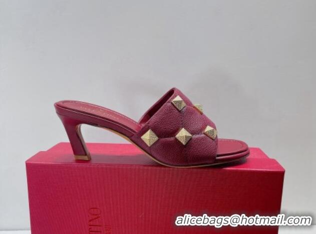 Grade Quality Valentino Roman Stud Grained Calfskin Medium Heel Slide Sandals Burgundy 072228