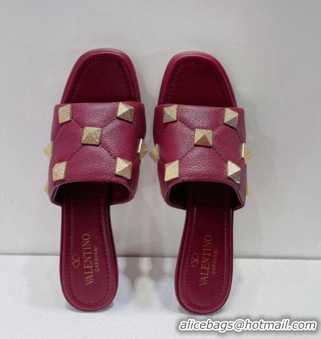 Grade Quality Valentino Roman Stud Grained Calfskin Medium Heel Slide Sandals Burgundy 072228