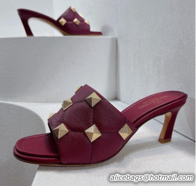 Grade Quality Valentino Roman Stud Grained Calfskin Medium Heel Slide Sandals Burgundy 072228