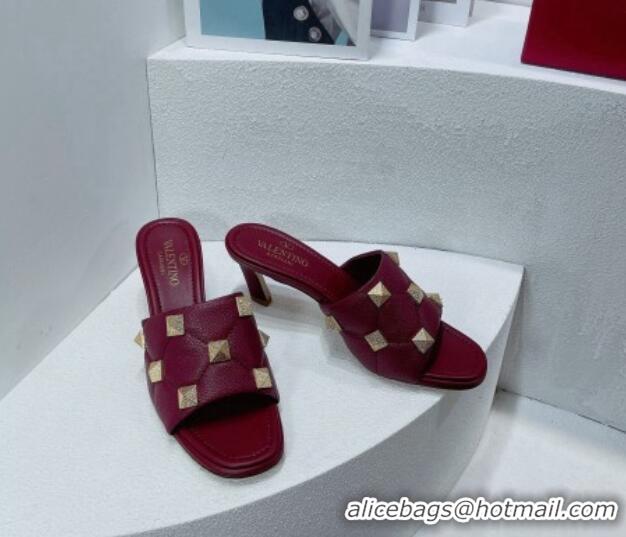 Grade Quality Valentino Roman Stud Grained Calfskin Medium Heel Slide Sandals Burgundy 072228