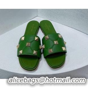 Pretty Style Valentino Roman Stud Grained Calfskin Flat Slide Sandals Green 072229