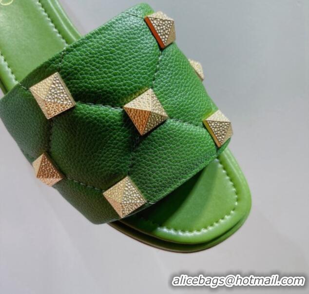 Pretty Style Valentino Roman Stud Grained Calfskin Flat Slide Sandals Green 072229