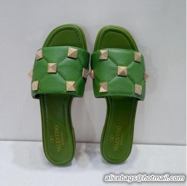 Pretty Style Valentino Roman Stud Grained Calfskin Flat Slide Sandals Green 072229