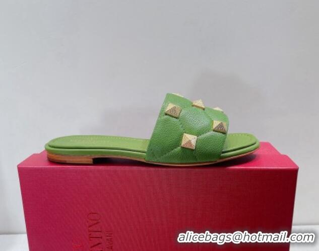 Pretty Style Valentino Roman Stud Grained Calfskin Flat Slide Sandals Green 072229