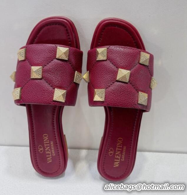 Pretty Style Valentino Roman Stud Grained Calfskin Flat Slide Sandals Burgundy 072230